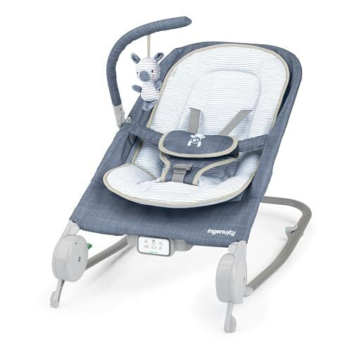 Livrenpoche : Transat Ingenuity Happy Belly Rock - To - Bounce, musique, vibrations, arc d'activité amovible, peluche zebra, pour 0 - 6 mois, bleu - Chambray - - Divers