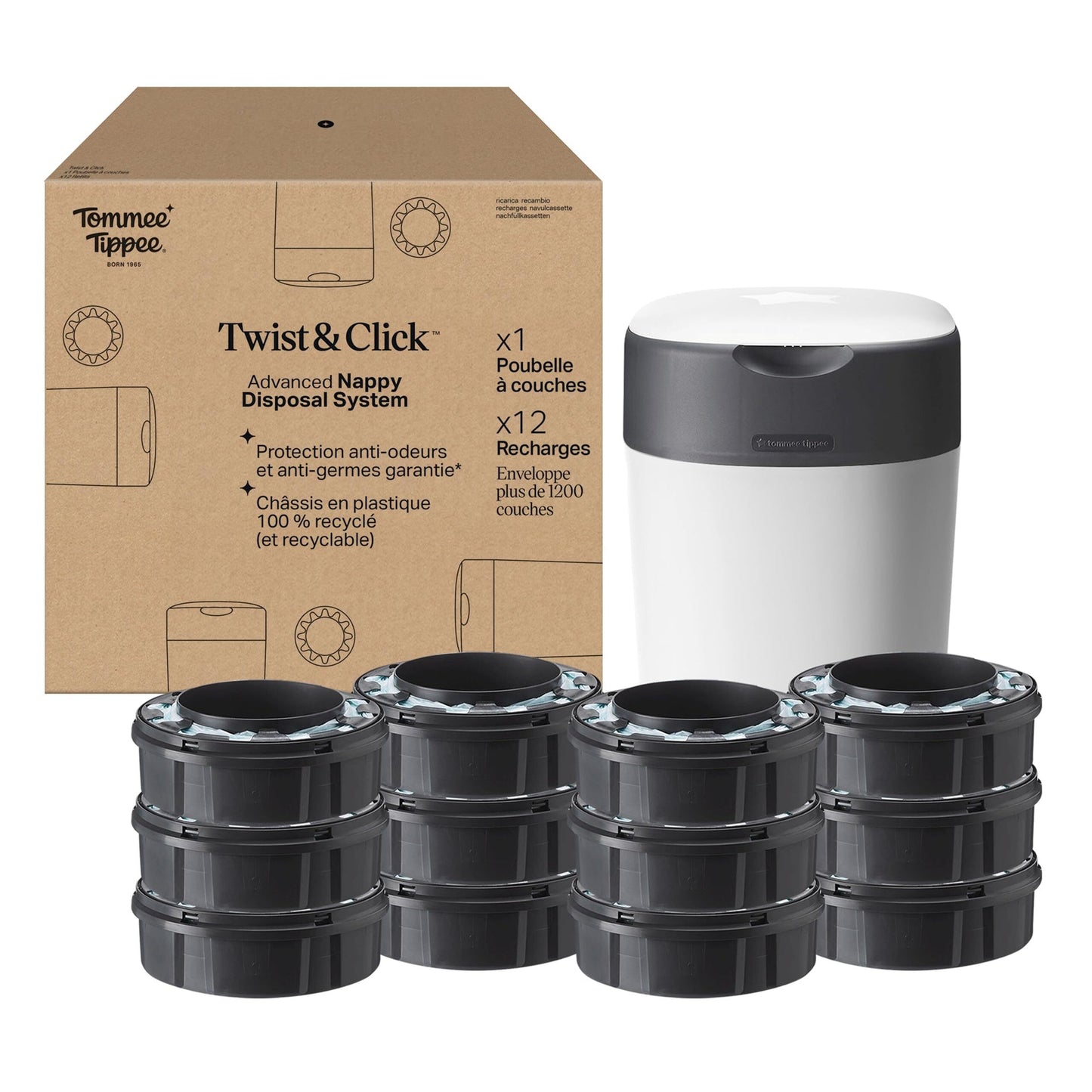 Livrenpoche : Tommee Tippee Twist, Click Sangenic Tec Set Débutant Poubelle À Couches Protection Anti - Odeur, germe garantie + 12 recharges, blanc, 1 unité - - Divers