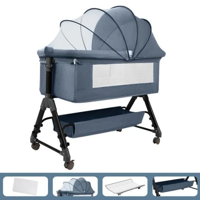 Lit Bébé Berceau Cododo pour Bébé 0-36 Mois, Hauteur Réglable Gris-Bleu - - Divers