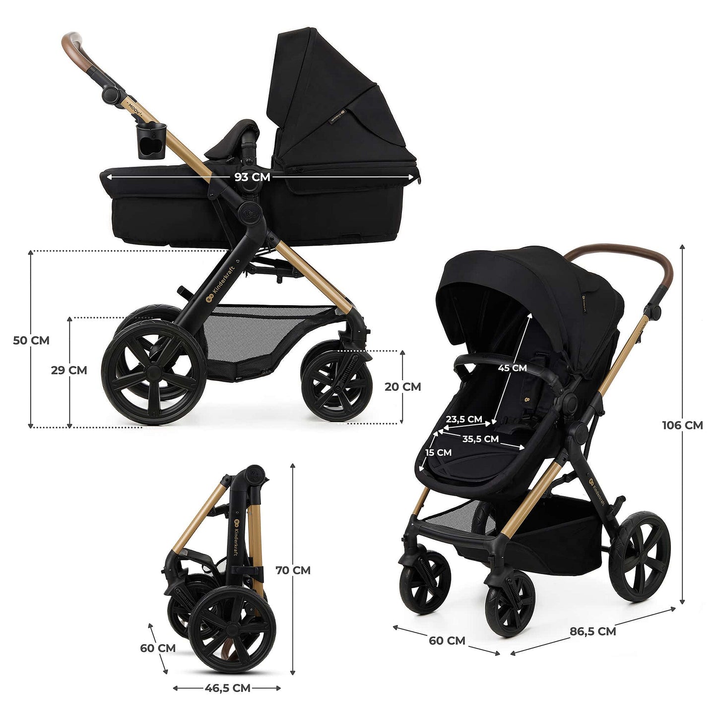 Kinderkraft MOOV 2 4en1 noir - schéma des dimensions nacelle et poussette