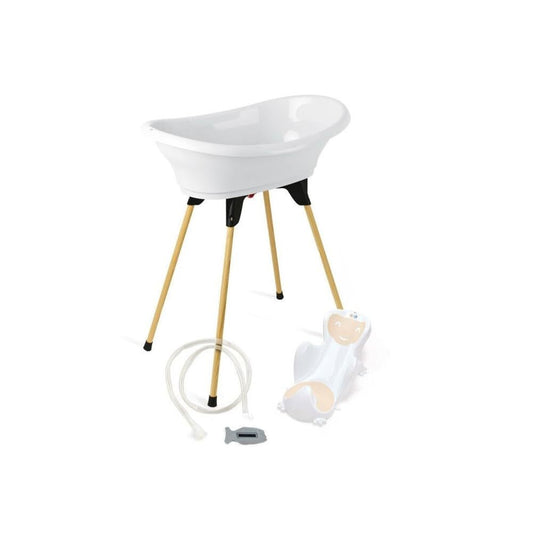 Livrenpoche : Thermobaby - Pack baignoire bébé vasco 5 en 1 - Baignoire, pied en bois, tuyau de vidange, transat de bain, thermomètre - Blanc muguet - Pliable & stable - Fabriqué en france -  - Divers