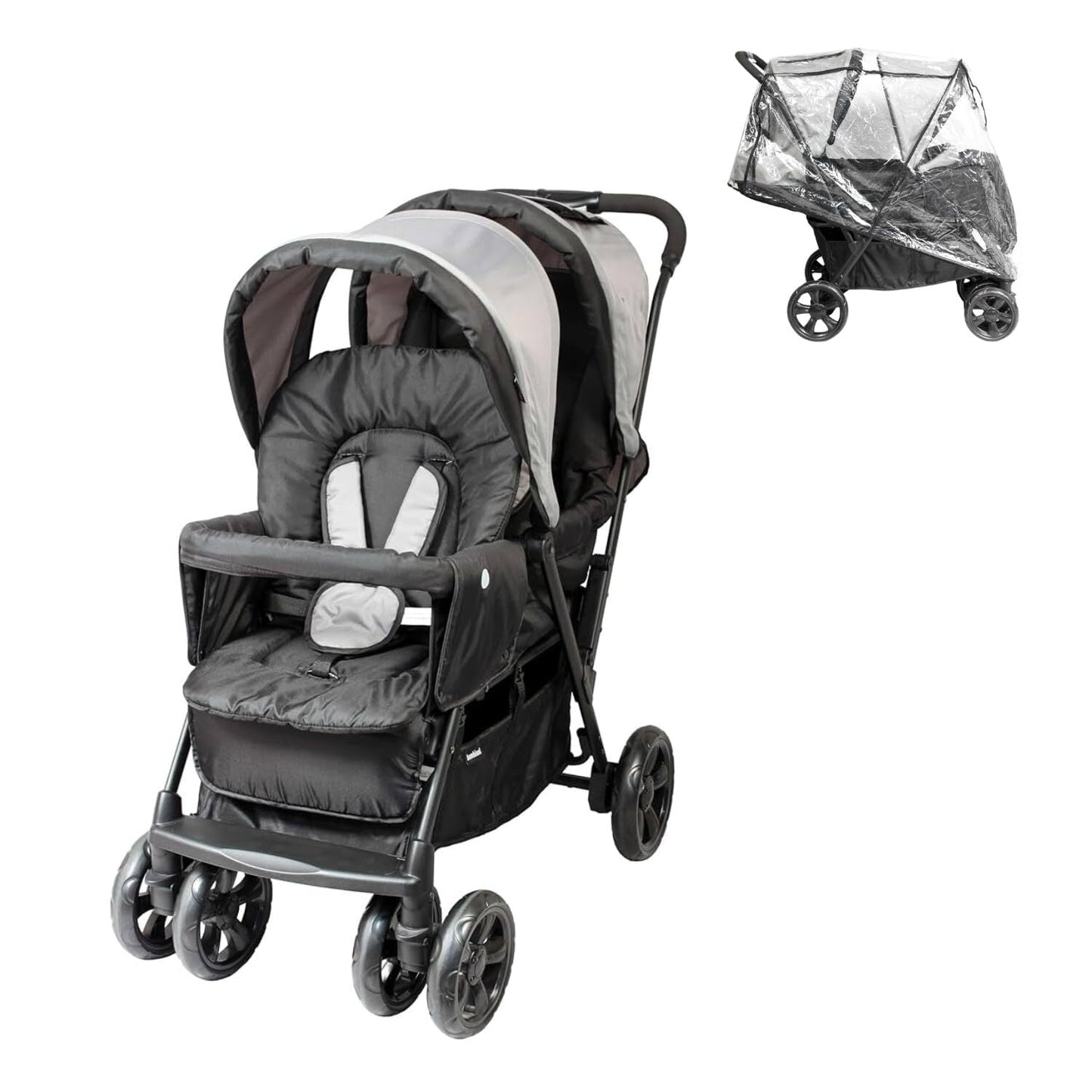 Bambisol poussette double, habillage pluie inclus, pliage facile - gris noir -  - Divers