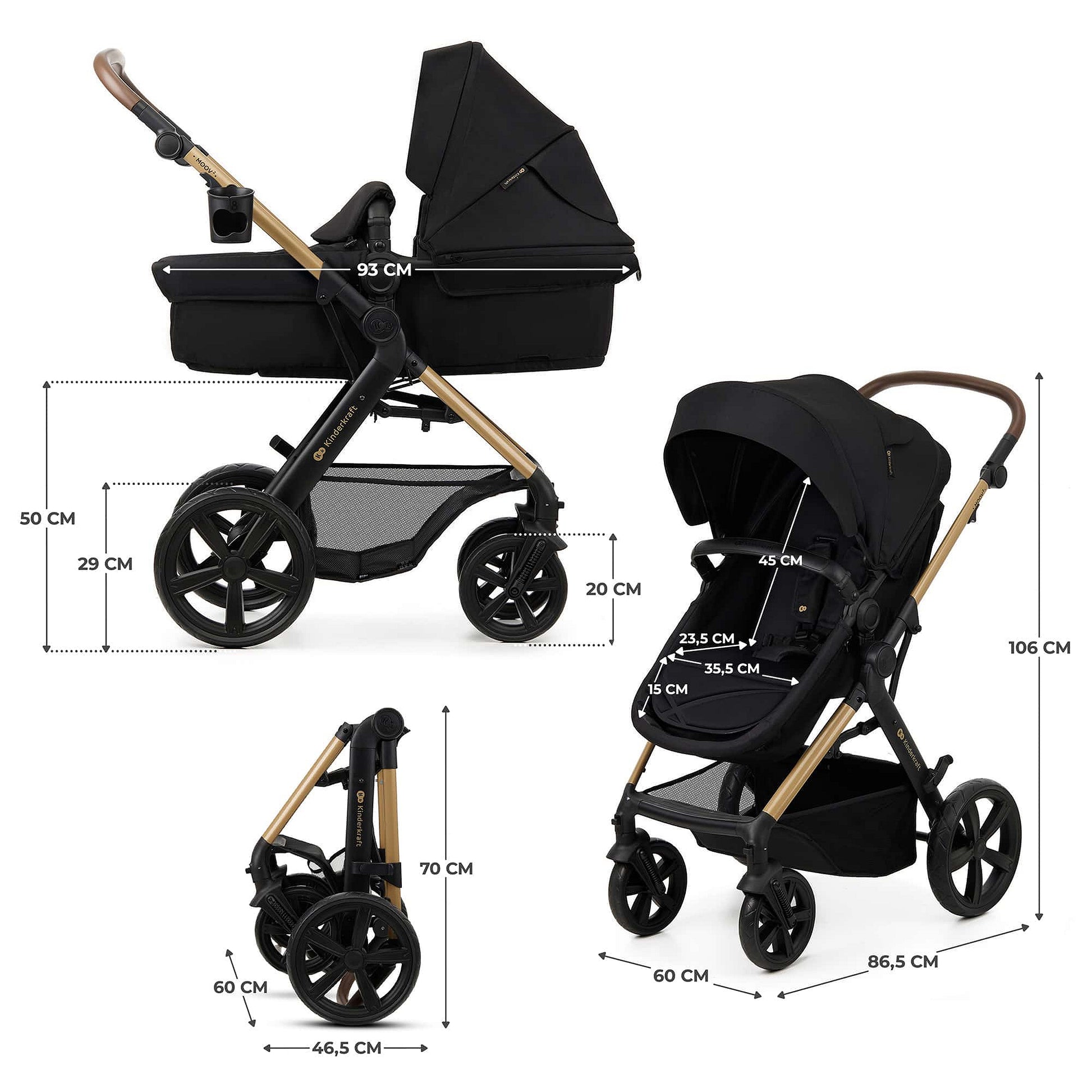 Kinderkraft MOOV 2 4en1 noir - schéma des dimensions nacelle et poussette
